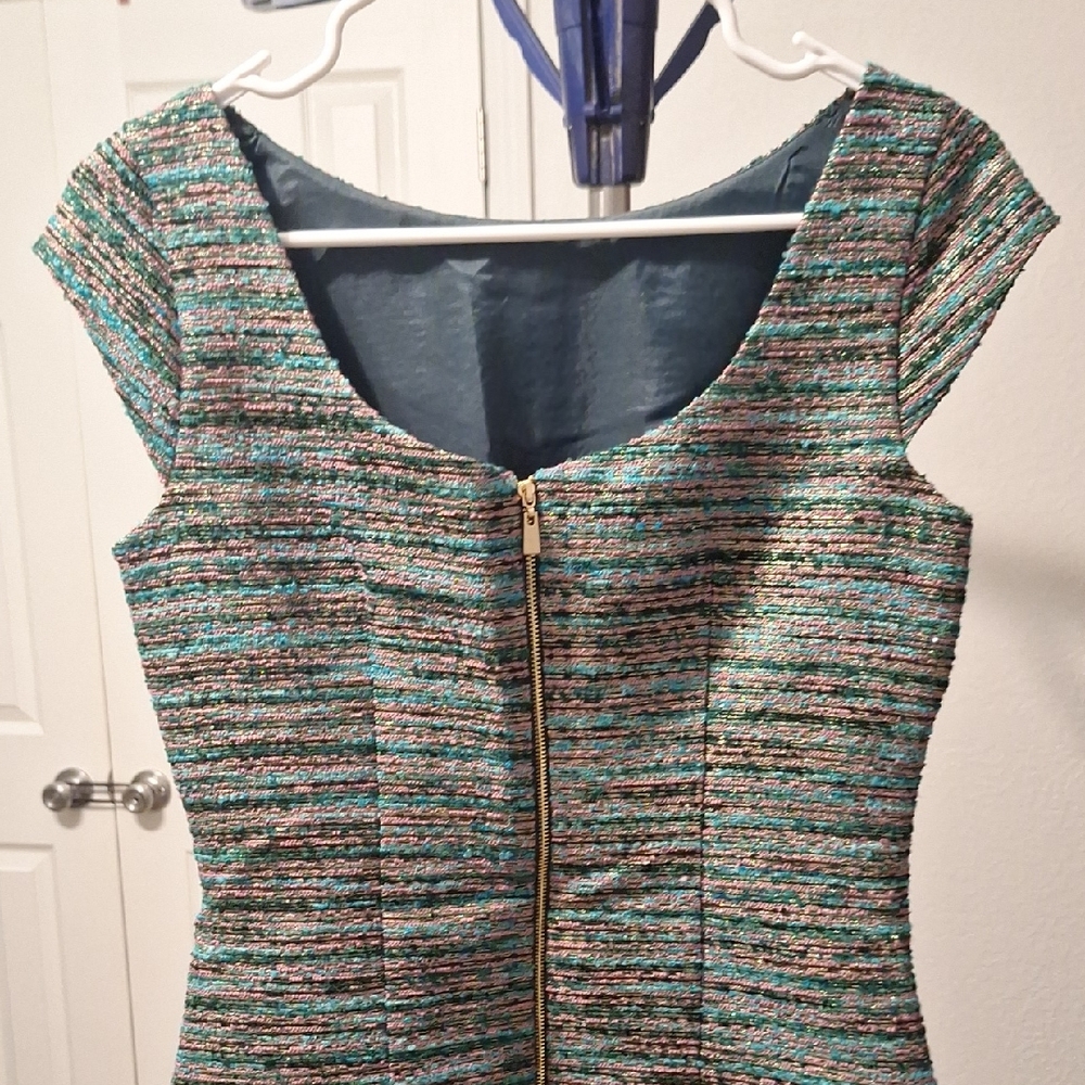 Laundry By Shelli Segal Teal and Gold Cap Sleeve Dress